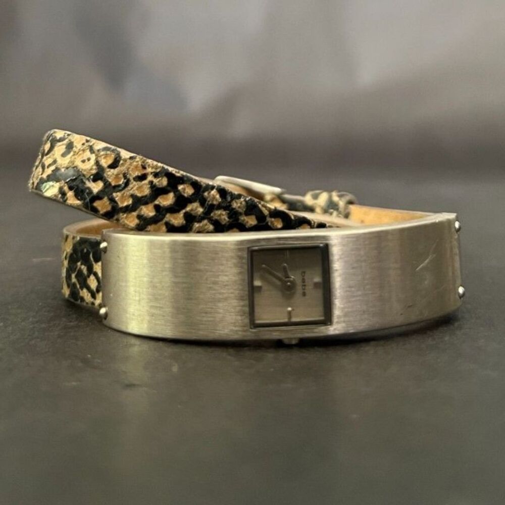 Bebe Women’s Silver Rectangular Watch Snakeskin Double Wrap Leather Japan Mvmnt